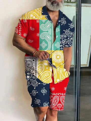 Image of Men's Shirt Sets 3d Print Patchwork Lapel Short Sleeve Casual Shirt Beach Shorts Summer Streetwear Vacation Hawaiian Suits Men-FrenzyAfricanFashion.com