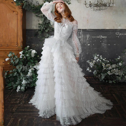 Image of Lace Appliques A Line Ruffles Bridal Dress Full Lace Sleeves-FrenzyAfricanFashion.com