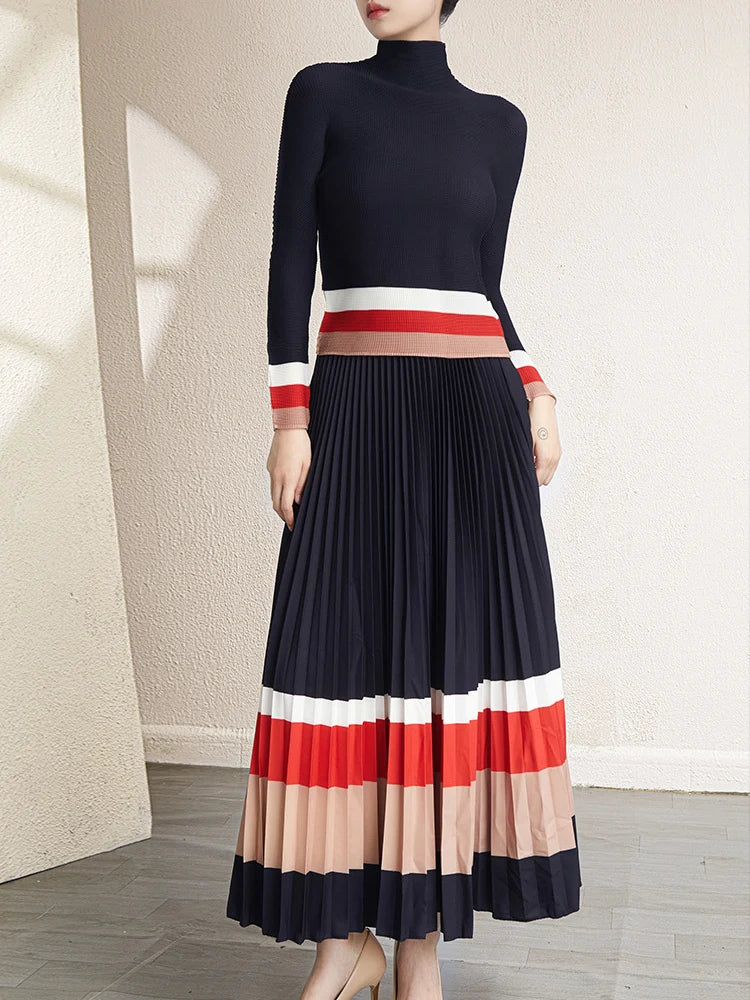 Women's Color Print Pleated Set Fashion Long Sleeves T-shirt High Waist A-line Skirt-FrenzyAfricanFashion.com