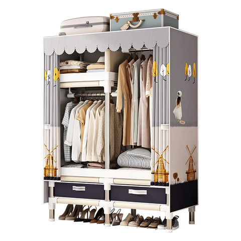 Image of Spacious & Durable Stainless Steel Wardrobe with Dustproof Cover: Ideal Organizer for Bedroom, Dorm, Home-FrenzyAfricanFashion.com