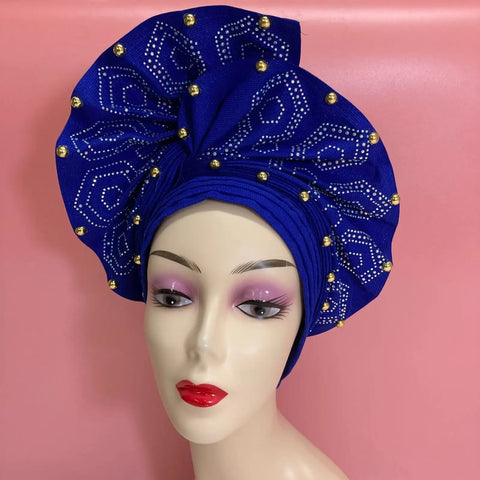 Image of Fahion High Quality Nigerian Gele Headtie Aso Oke Gele Already Made Auto Gele Aso Ebi Headtie African Turban with Bead Z1113-1-FrenzyAfricanFashion.com