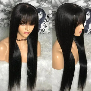 Silky Wig Human Hair Full Machine Made Straight 100% Human Hair Wigs With Bangs For Women Brazilian Cheap Wig On Sale Clearance-FrenzyAfricanFashion.com