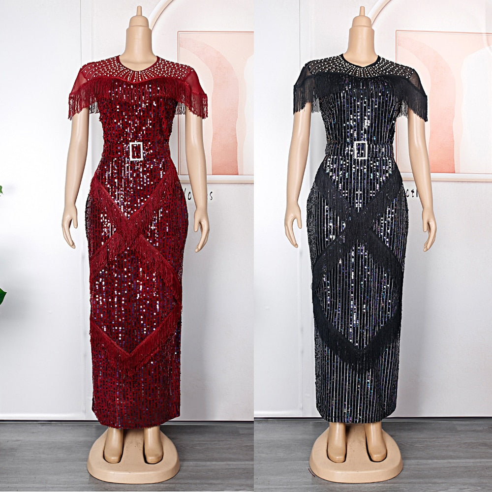 Luxury Sequin Evening Dress Tassel Bodycon Gown Wedding Party Birthday Dress 2023 Summer Clothing-FrenzyAfricanFashion.com