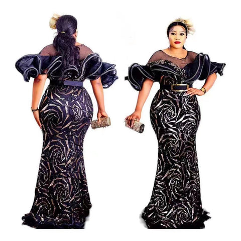 Image of 2023 Spring Summer Elegant African Women Short Sleeve Sequined Wedding Party Long Dress African Dresses for Women Maxi Dress-FrenzyAfricanFashion.com