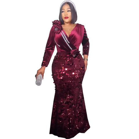 Image of 2023 Velvet African Dresses for Women Africa Women Long Sleeve V-neck Plus Size Flower Sequin Evening Party Long Dress-FrenzyAfricanFashion.com