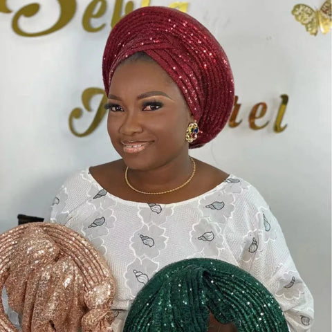 Image of Sequins Auto Gele Headtie African Women's Head Wraps Fashion Turban Cap Nigeria Wedding Geles Already Made Head Ties Headpiece-FrenzyAfricanFashion.com