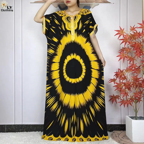 Image of Party Dress Women Loose Cotton Short Sleeve Maxi Robe Floral Abaya-FrenzyAfricanFashion.com