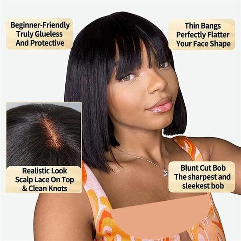 Image of 3X1 Middle Part Lace Wig Bob Wigs Full Machine Made Bone Straight Human Hair Wigs With Bangs Short Bob Human Hair Wigs For Women-FrenzyAfricanFashion.com