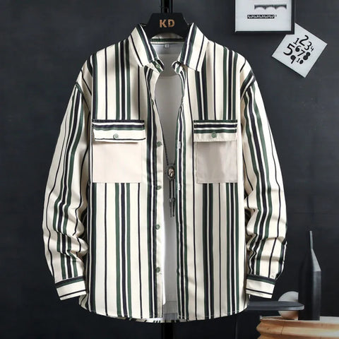 Image of Thin Spring Summer Autumn Men's Clothing Button Turn-down Collar Striped Man Fashion Casual Loose Office Handsome Pockets Shirts-FrenzyAfricanFashion.com