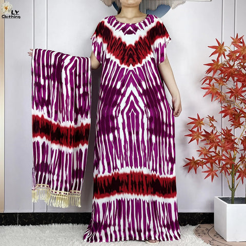 Image of Short Sleeve African Dashiki Tie-dyed Cotton Abaya Caftan Casual Dresses With Big Scarf-FrenzyAfricanFashion.com