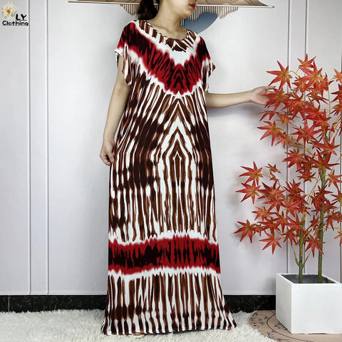 Image of Short Sleeve African Dashiki Tie-dyed Cotton Abaya Caftan Casual Dresses With Big Scarf-FrenzyAfricanFashion.com