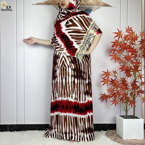 Image of Short Sleeve African Dashiki Tie-dyed Cotton Abaya Caftan Casual Dresses With Big Scarf-FrenzyAfricanFashion.com