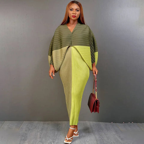 Image of Women Pleated Batwing Long Sleeve V-neck Slim Maxi Long Dress Ruched Dresses-FrenzyAfricanFashion.com