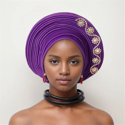 Image of African auto gele Headtie Wedding Party Headpiece Women Head Wraps Muslim Hat-FrenzyAfricanFashion.com