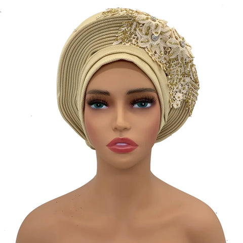 Image of Embroidery Flower African Autogele Headtie Women's Fashion Turban Cap Wedding Gele Party Headpiece Nigeria Female Head Wraps-FrenzyAfricanFashion.com