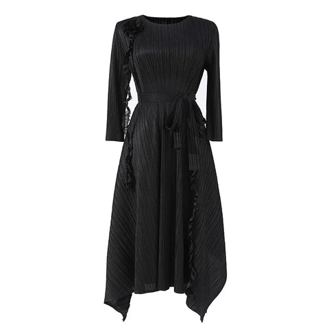 Image of Spliced Flower Pleated Belt Dress For Women-FrenzyAfricanFashion.com