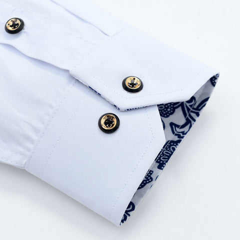 Image of Blue-and-white Porcelain Collar Shirt Men Long Sleeve SlimFit Casual Business Dress Shirts Solid Color White Shirt Cotton-FrenzyAfricanFashion.com