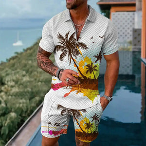 Hawaiian Men Polo Set Lapel Zipper Shirt Short Pants 2 Piece Summer Beach Outfits Coconut Tree 3D Printed Oversized Casual Suit-FrenzyAfricanFashion.com