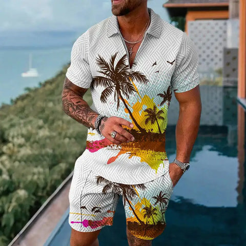 Image of Hawaiian Men Polo Set Lapel Zipper Shirt Short Pants 2 Piece Summer Beach Outfits Coconut Tree 3D Printed Oversized Casual Suit-FrenzyAfricanFashion.com