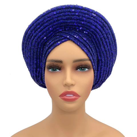 Image of Sequins Auto Gele Headtie African Women's Head Wraps Fashion Turban Cap Nigeria Wedding Geles Already Made Head Ties Headpiece-FrenzyAfricanFashion.com