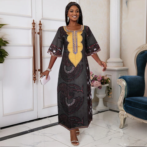 Image of H&D New African Dresses For Women Embroidery Bazin Floral Boho Dresses Ankara Rich Long Robes Nigeria Party Wedding Ramadan 2024-FrenzyAfricanFashion.com