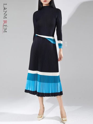 Image of Women's Color Print Pleated Set Fashion Long Sleeves T-shirt High Waist A-line Skirt-FrenzyAfricanFashion.com