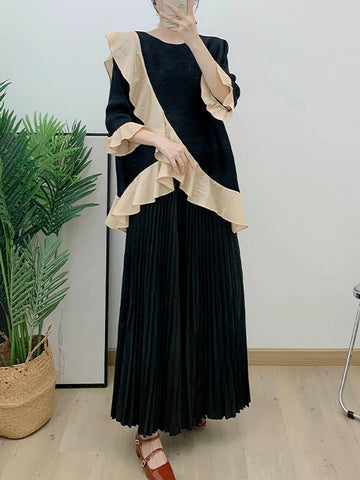 Image of Ruffled Irregular Top+casual Wide Leg Pants Two-piece Pleated Set Loose Elegant Clothing-FrenzyAfricanFashion.com