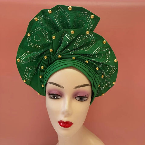 Image of Fahion High Quality Nigerian Gele Headtie Aso Oke Gele Already Made Auto Gele Aso Ebi Headtie African Turban with Bead Z1113-1-FrenzyAfricanFashion.com