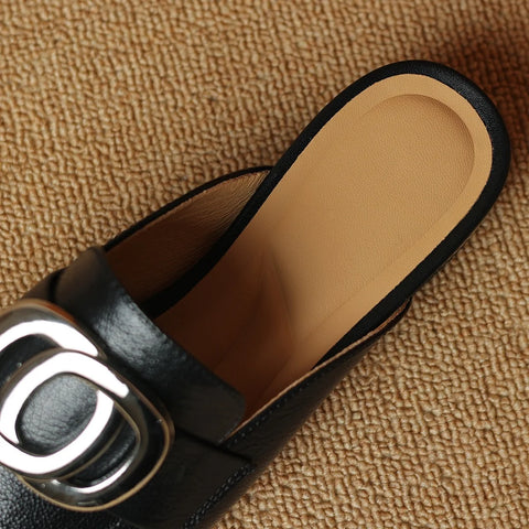 Image of Plus size 34-41 women's genuine leather square toe slip-on flats summer mules metal buckle decoration casual female sandals shoe-FrenzyAfricanFashion.com