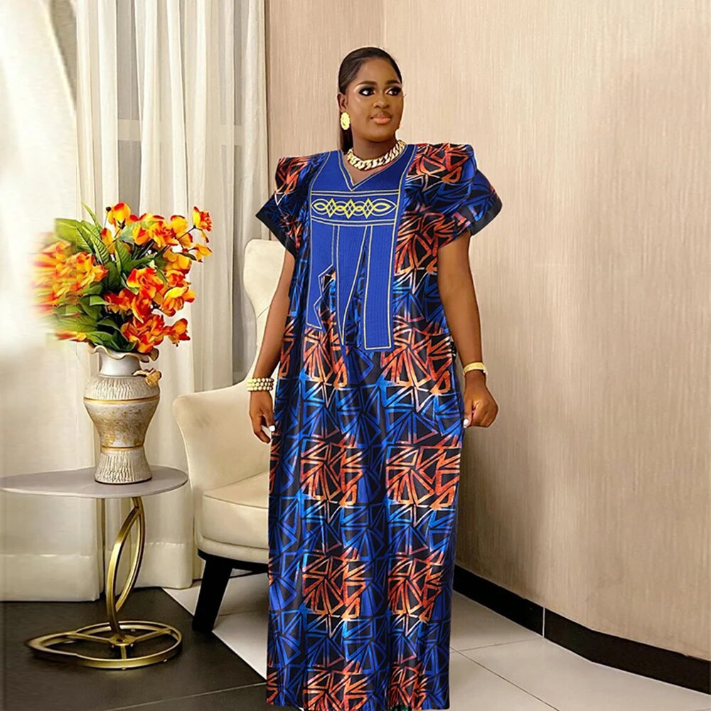 African Dresses For Women Traditional Embroidery Bazin Dress-FrenzyAfricanFashion.com