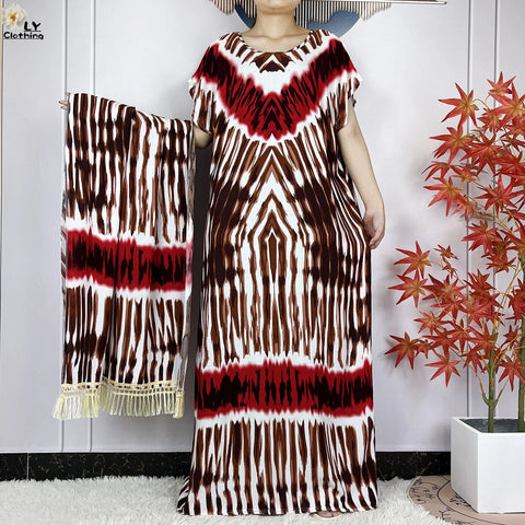 Image of Short Sleeve African Dashiki Tie-dyed Cotton Abaya Caftan Casual Dresses With Big Scarf-FrenzyAfricanFashion.com