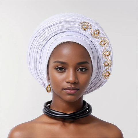 Image of African auto gele Headtie Wedding Party Headpiece Women Head Wraps Muslim Hat-FrenzyAfricanFashion.com