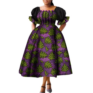 Women Puff Sleeve High Waist Ankara African Princess Dress Robe-FrenzyAfricanFashion.com