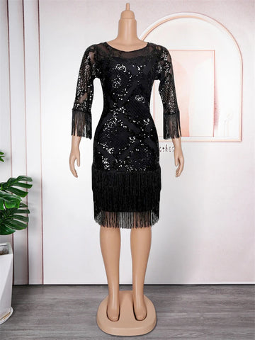 Image of Elegant Sequin Dresses For Women African Clothing Wedding Party Evening Gown Dashiki Tassel Bodycon Robe Dubai Turkey Dress-FrenzyAfricanFashion.com