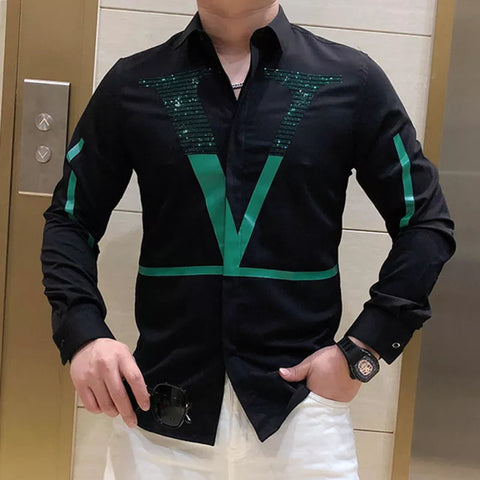 Image of European Fashion Letter Print Shirt Men Fashion Rhinestones Long Sleeve Dress Shirt Men-FrenzyAfricanFashion.com