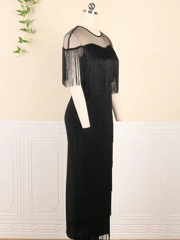 Image of 2024 Women Fringe Party Dresses Elegant Net Shoulder Sleeveless Large Size Long Dress for Birthday Dinner Event Wedding Guest-FrenzyAfricanFashion.com