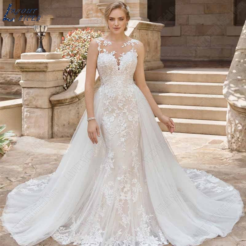 Sleeveless Appliques Wedding Dress With Detachable Tulle Train O-neck Lace-FrenzyAfricanFashion.com