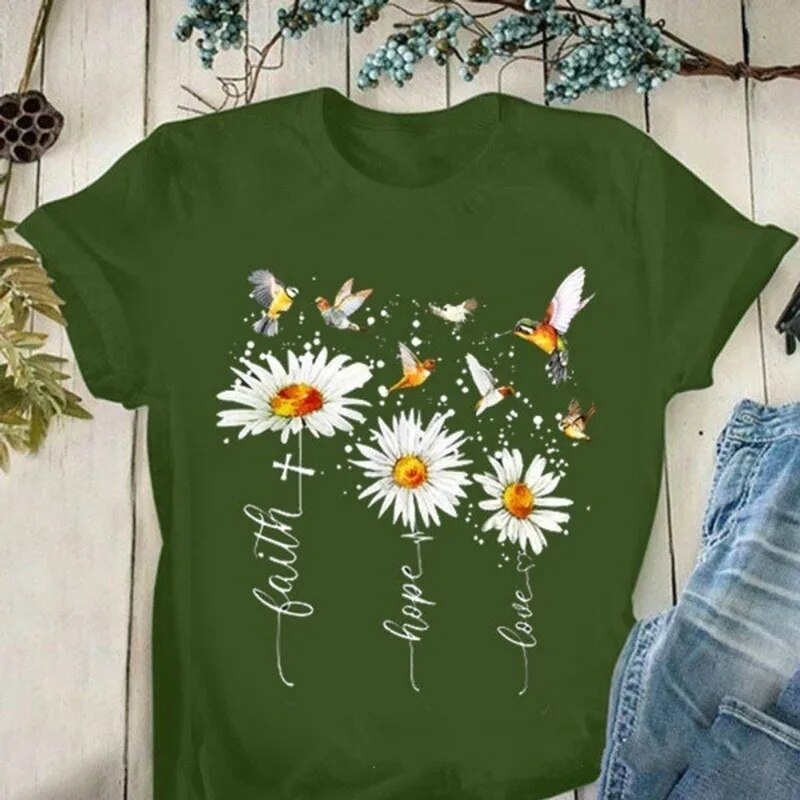 Faith Hope Love Daisy Print T Shirt Women Short Sleeve O Neck Loose-FrenzyAfricanFashion.com