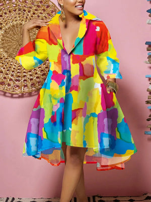 Plus Size Melting Colors All-over Print Flowy Shirt Dress-FrenzyAfricanFashion.com