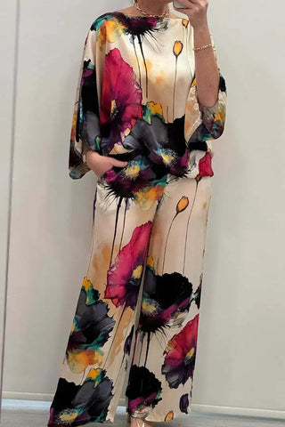 Image of Conjuntos Para Mujeres 2 Piezas Women Printed Satin Two-piece Set, 3/4 Sleeve Round Neck Pants, Summer Fashion,pant Sets-FrenzyAfricanFashion.com