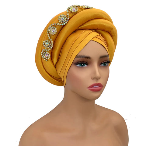 Image of Twisted Braid Turban Cap for Women African Lady Head Wraps Diamonds Nigeria Raw Silk Autogele Headtie Muslim Hat Party Headwear-FrenzyAfricanFashion.com