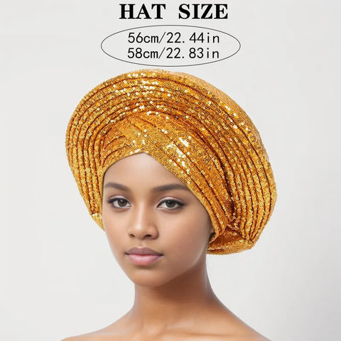 Image of Sequins Auto Gele Headtie African Women's Head Wraps Fashion Turban Cap Nigeria Wedding Geles Already Made Head Ties Headpiece-FrenzyAfricanFashion.com