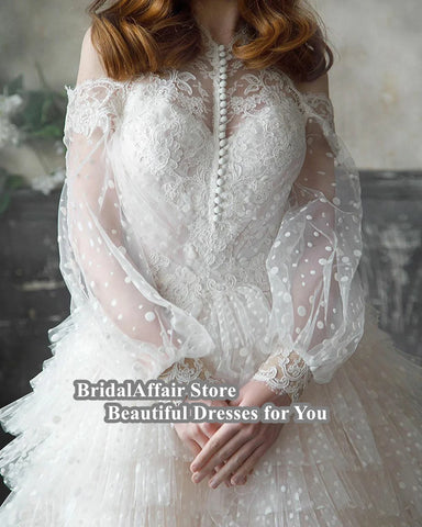 Image of Lace Appliques A Line Ruffles Bridal Dress Full Lace Sleeves-FrenzyAfricanFashion.com