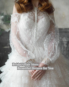 Lace Appliques A Line Ruffles Bridal Dress Full Lace Sleeves-FrenzyAfricanFashion.com