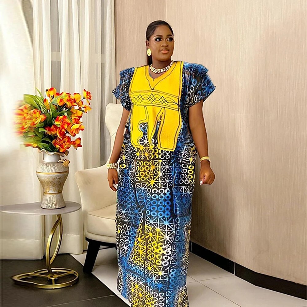 African Dresses For Women Traditional Embroidery Bazin Dress-FrenzyAfricanFashion.com