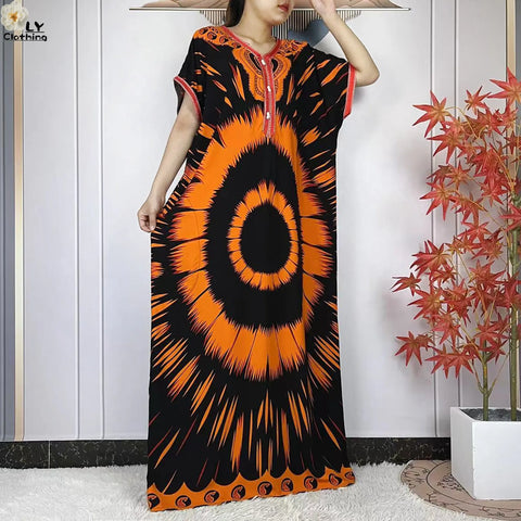 Image of Party Dress Women Loose Cotton Short Sleeve Maxi Robe Floral Abaya-FrenzyAfricanFashion.com