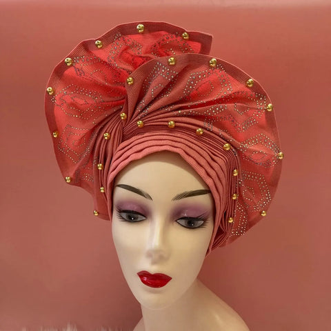 Image of Fahion High Quality Nigerian Gele Headtie Aso Oke Gele Already Made Auto Gele Aso Ebi Headtie African Turban with Bead Z1113-1-FrenzyAfricanFashion.com