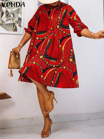 Image of Women Elegant Dress VONDA 2022 Half Sleeve Vintage Printed Holiday Dress Casual Loose Pleated Short Vestidos Beach Baggy Robe-FrenzyAfricanFashion.com