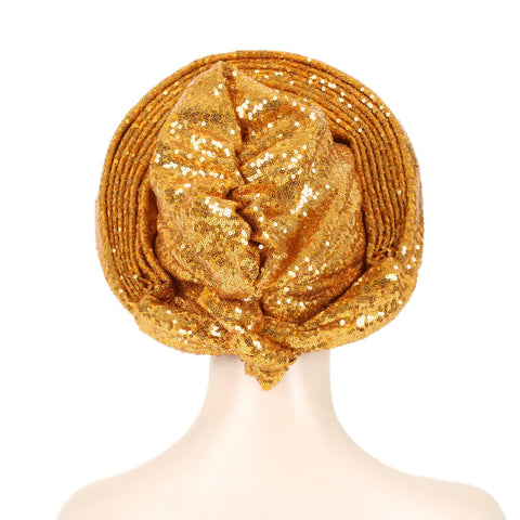 Image of Sequins Auto Gele Headtie African Women's Head Wraps Fashion Turban Cap Nigeria Wedding Geles Already Made Head Ties Headpiece-FrenzyAfricanFashion.com