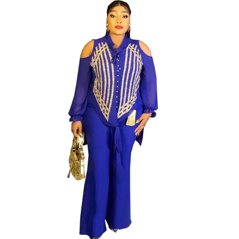 Image of Casual Pant Sets 2 Piece Women Long Sleeve Sequins Blouses Tops And Straight Pants Suits Outfits Two Piece Matching Set Outfit-FrenzyAfricanFashion.com